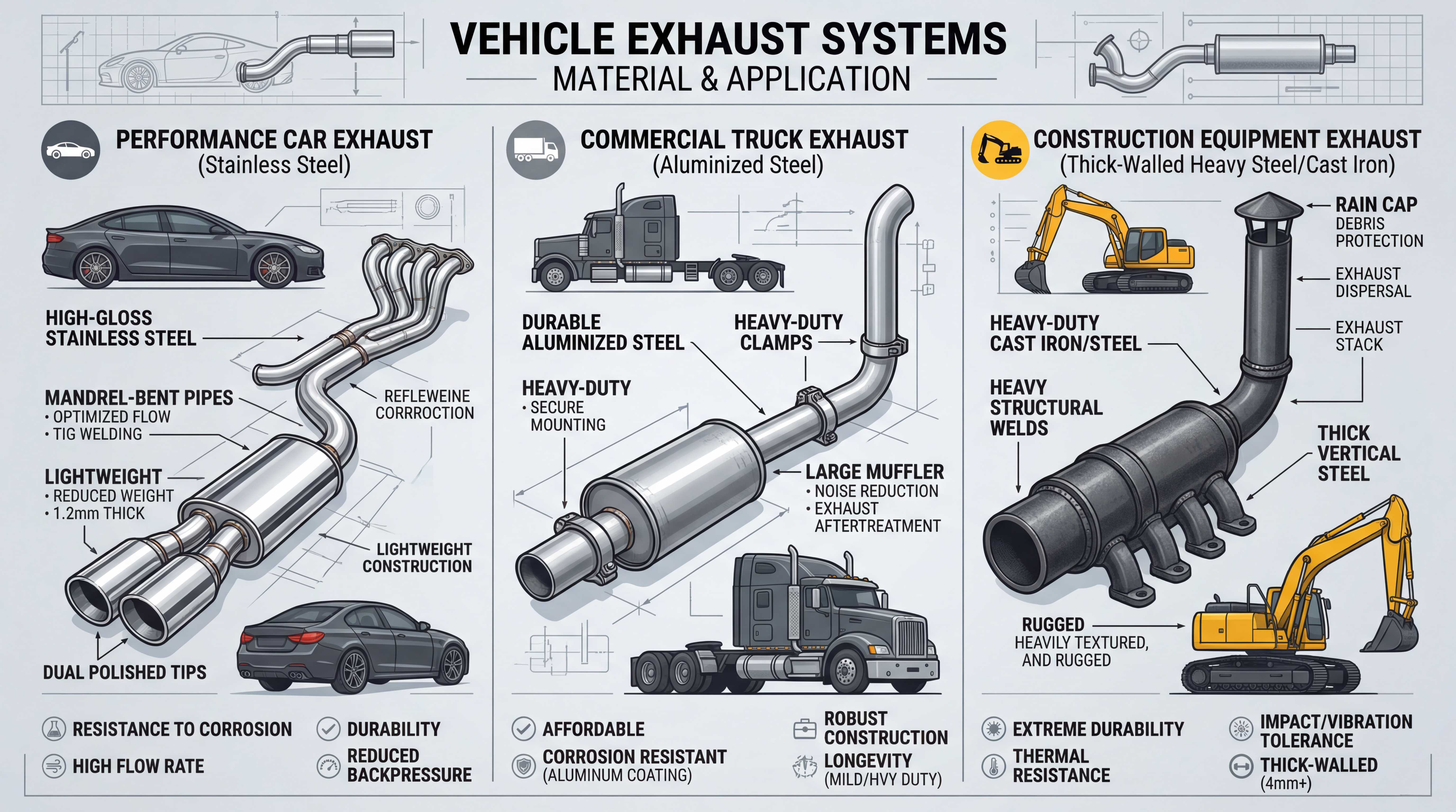 Vehicle exhaust system material and application comparison for performance cars, commercial trucks and construction equipment